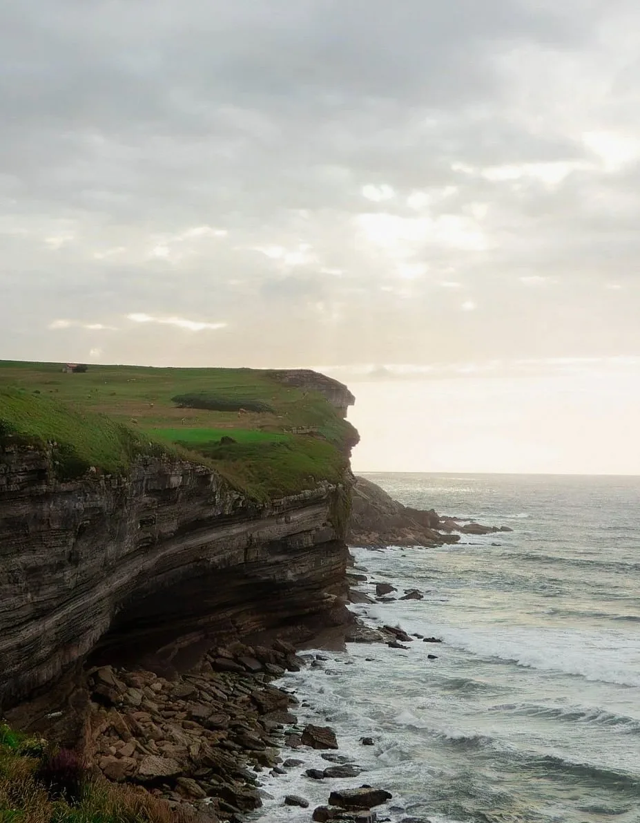 Grass-topped cliff above the sea in soft light
